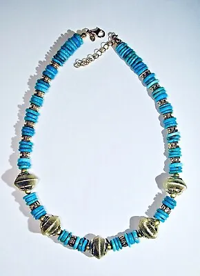 Veronese Sterling Silver 18k Clad Brushed Gold Tone Necklace Turquoise Beads Ec • $89.99