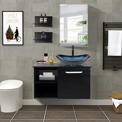 28  Bathroom Vanity With Sink Vessel  Wall Mounted Cabinet Side Shelves & Mirror • $259.99