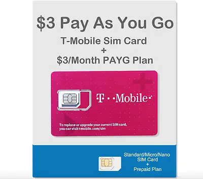 T-Mobile $3/Month Pay As You Go Plan+Sim Card With TalkText ($0.1/call Or Text) • $28.99