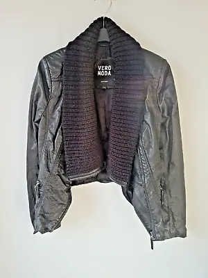 Womens Designer Vero Moda Size 8 Black Faux Leather Jacket Coat • $6.21