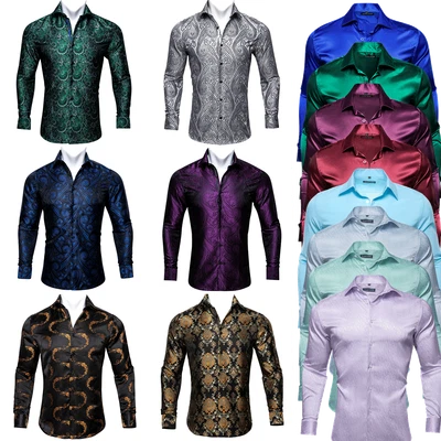 Mens Paisley Shirt Silk Long Sleeve Dress Shirts Slim Button Down Casual S-XXXL • £16.99