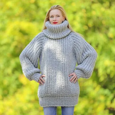 SUPERTANYA Gray Wool Thick Sweater Extra Long Turtleneck Handmade Jumper L-XL • $397