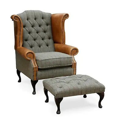 Chesterfield Queen Anne High Back Wing Chair & Footstool Tweed & Tan Leather  • £985