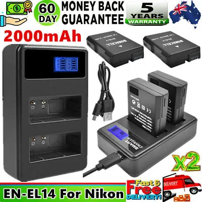 2x EN-EL14a Battery & USB Charger For Nikon D3400 D5600 D5500 D5300 D5200 D3300 • $34.99