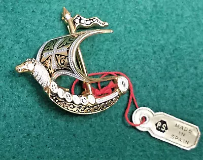 Vintage Spain Damascene Maltese Cross Viking Ship Pin / Brooch 1.5  Wide • $16