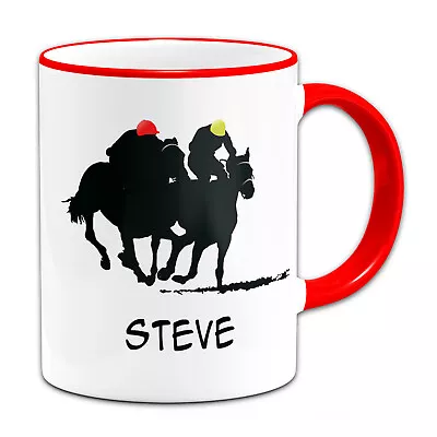 Personalised (Any Name) Horse Racing Sillouette Gift Mug-Red • £7.99