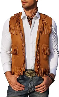 COOFANDY Men's Western Cowboy Vest Casual Fringe Hippie Costume V Neck Zipper Su • $76.98