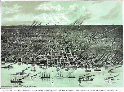 6135.Birds Eye View Of Of DetroitMichigan 1800 Poster.Map Aerial Art Decor • $60