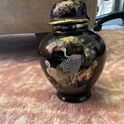 Black Ginger Jar Urn With Lid Painted Cranes With Gold Accents Japan 6” • £10