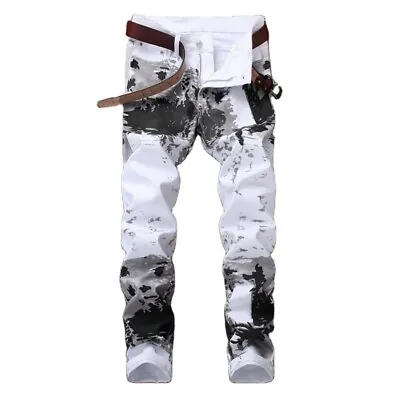 Mens Black And White Printed Denim Jeans Hip Hop Pants Elastic Skinny Trousers • $25.99