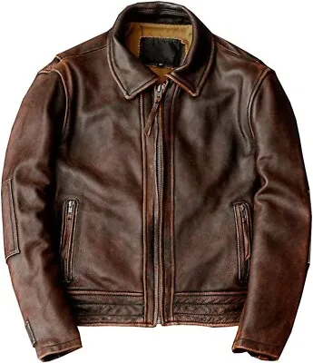 Mens Vintage Cafe Racer Motorcycle Biker Distressed Brown Leather Jacket SIZE XL • $70