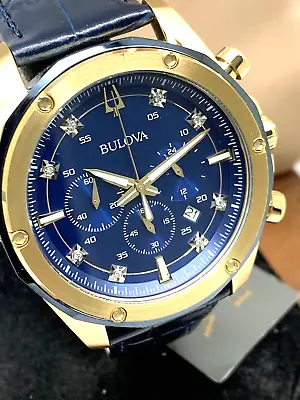 Bulova Mens Watch 98K110 Chronograph Quartz 43mm Diamond Blue Dial Leather Strap • $199.77