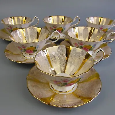 Queen Anne Tea Set Service. 22K Gold & Flowers. Vintage Bone China. 6 Cups. • £129.99