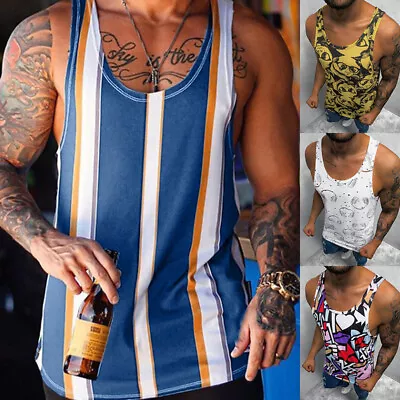 Mens Sleeveless Stripe Music Printed Tank Vest Summer Casual Sports T-Shirt Tops • £5.99