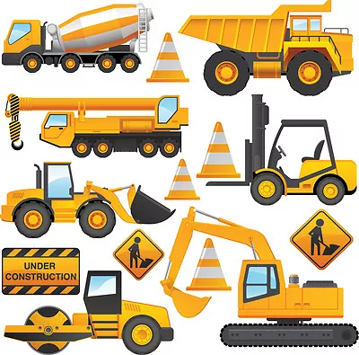 Construction Vehicles - 14 Pack Wall Stickers Tractor Digger Dumper Truck Crane • £6.99