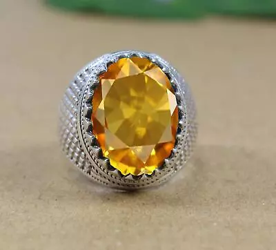 Solid 925 Sterling Silver AAA Yellow Citrine Zircon Cut Gemstone Huge Men's Ring • $41.56