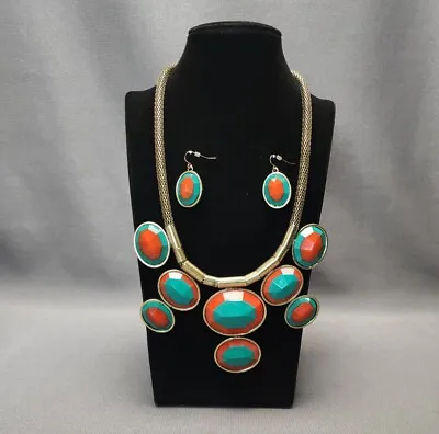 Vintage Gold-tone Necklace Orange & Teal Faceted Medallions & Matching Earrings • $21