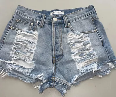 Mink Pink Women’s Hi Waisted Distressed Blue Denim Shorts Size:SMALL • $12.99