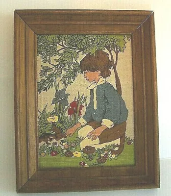 Vintage Kay Dee Hand Prints Framed Pure Linen Picture Boy And Rabbit • $25