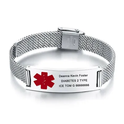 Personalize Engraving Silver Medical Alert Men Women ID Bracelet Stainless Steel • £9.95