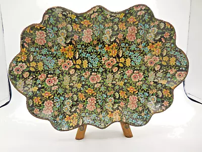 Vintage Wood Oval Serving Tray Bowl Gilt Flowers Scalloped Edge 12  • $24.99