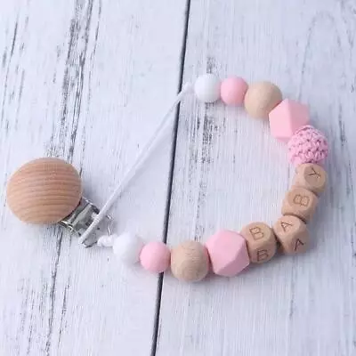 Personalized Name Handmade Wooden Dummy Clip Chain Silicone Pacifier Baby Gift • $8.70