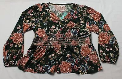 Maurices Women's Floral Smocked Peplum Blouse JL3 Dark Olive Combo Size XL NWT • $14.99