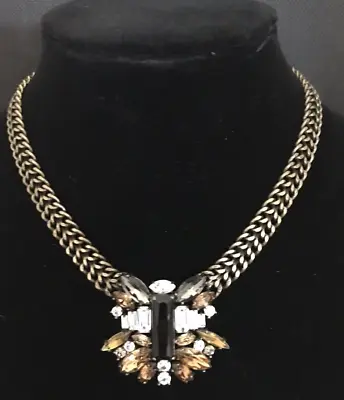 J. Crew Crystal Rhinestone & Black Baguette Necklace Gold Tone Circumference 17  • $16