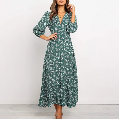 £12.59 • Buy Womens Floral Boho V Neck Long Sleeve Maxi Dress Ladies Casual Loose Shirt Dress