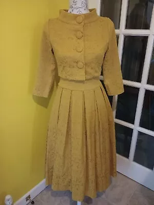 Lindy Bop Marianne Mustard Yellow Twin Set Swing Dress & Jacket UK Size 8 • £42