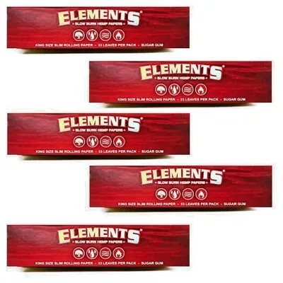 $7.48 • Buy 5 Pks Elements Red King Size Slim Slow Burn Rolling Papers USA Shipped LIMITED #