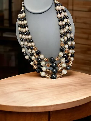 Vintage Necklace 1950S Black Tan Peach Citrine Lucite & Glass 4 Strand  18” • $29.98