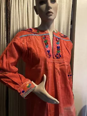 Vintage Afghan Dress 1960s Embroidered Bohemian Patchwork Dress Orange M • $49.95