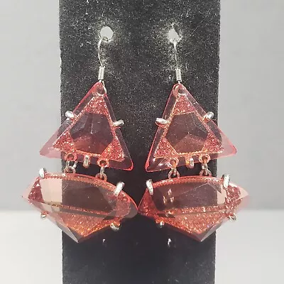 Dangle Earrings Silver Tone Red Steampunk Retro Mid Century Modern Pierced 2.5  • $9.99