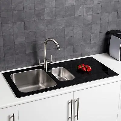 £189 • Buy Sauber Kitchen Sink 1.5 1.5 Bowl RH Drainer Black Glass Stainless Steel Inset