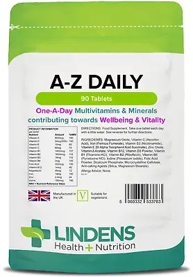 Lindens Multivitamin & Minerals A-Z Daily - 90 One-A-Day Tablets - UK Made • £6.99