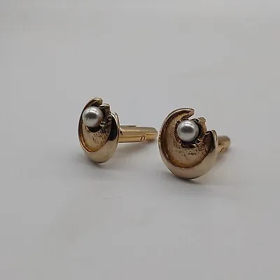 VTG Gold Tone Flux Pearl Oyster Nautical Sea Theme Round Cuff Link Set • $9.99