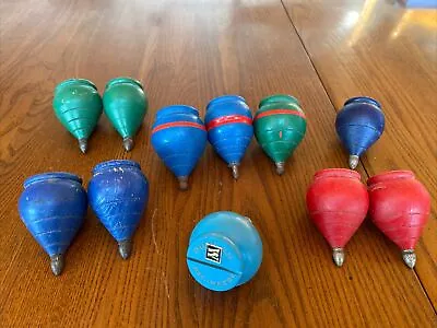 Vtg Lot Of 12 Old Wooden SPINNING TOPS Toys W/Metal Tips 1 Duncan Beginners • $55