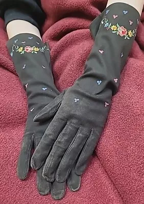 Vintage CHEYREAUX FRANCE Gloves Brown Kidskin Leather Embroidered Floral • $29