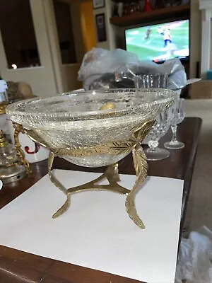 Vintage Brass Rose 3 Footed Stand Crackle Glass Bowl Candle Plant Vase Holder  • $25