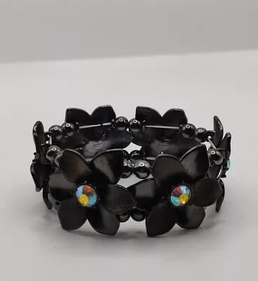 Vintage Bracelet Stretch Black Flowers Rhinestones 6 Inch  • $12.75