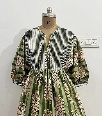Indian Dark Green Striped Tiger Maxi Gown Long Dress Deep Neck Women's Clothing • $92.48