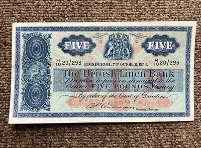 1953 Scotland The British Linen Bank 5 Pounds Banknote Crisp Uncirculated • $29.99