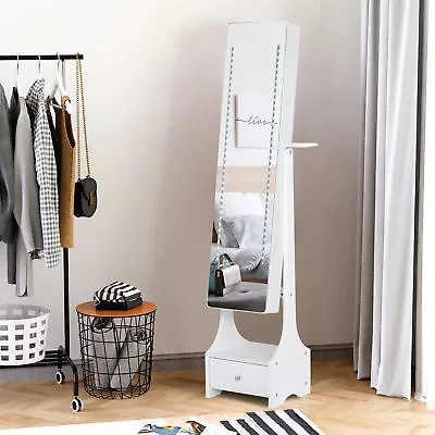 Freestanding Jewellery Storage Mirror Armoire W/ LED Lights Hooks Drawer White • £85.99