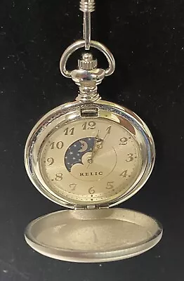 Rare Vintage Relic Pocket Watch In Silver Case With Chain - Moon Phase • $19.99