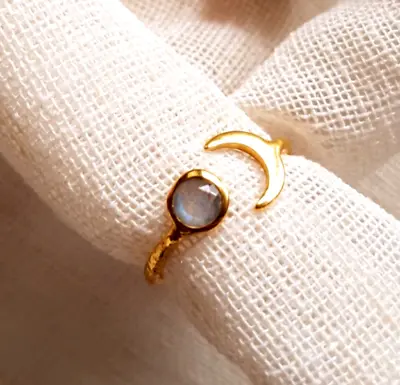 Crystals Gemstones Moon Ring Labradorite Grey Green Blue 24K Gold Plated Healing • £44.95