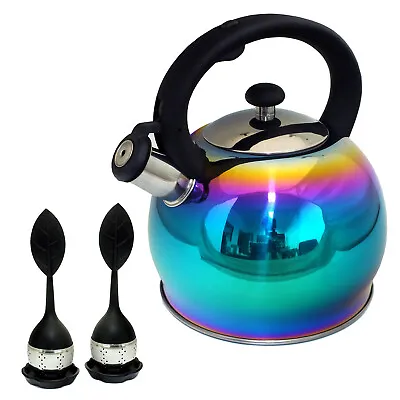 3L Whistling Kettle + 2 X Tea Leaf Infusers Stainless Steel Iridescent Rainbow • £17.95