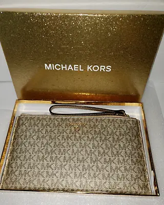 Michael Kors Zip Clutch Wristlet Bag Pale Gold MK Logo & Gold Logo New Sealed • $69.99