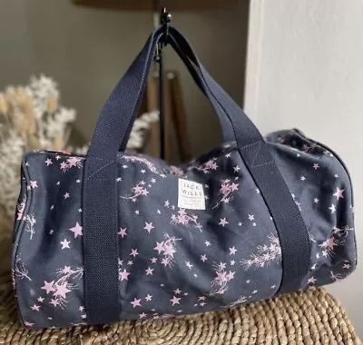 JACK WILLS GYM OVERNIGHT BAG DARK BLUE PINK STAR HOLDALL BAG. 17x9in. • £20