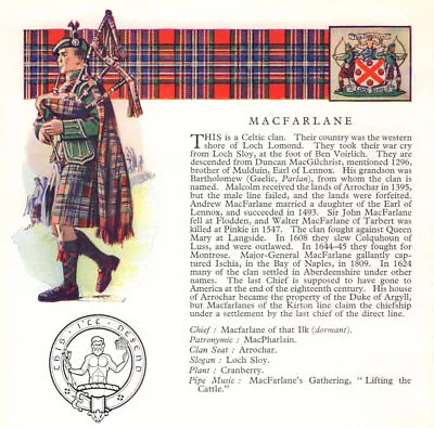 MacFarlane. Scotland Scottish Clans Tartans Arms Badge 1963 Old Vintage Print • £8